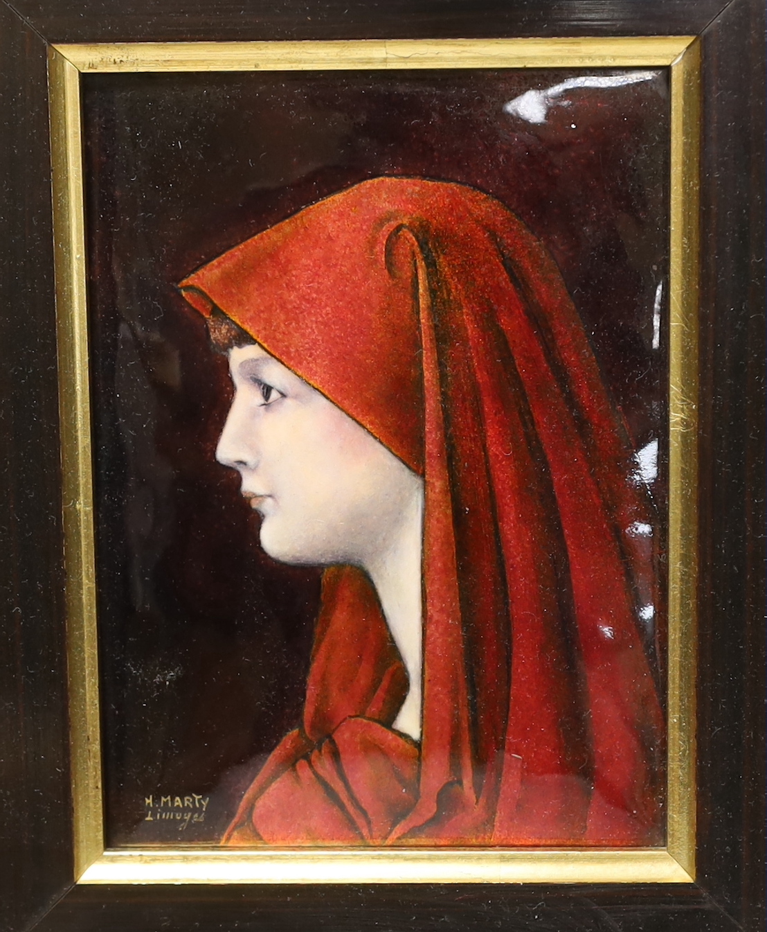 Henriette Marty (1902-1996), a Limoges enamelled plaque on copper of Fabiola, signed, framed, overall 30 x 26cm